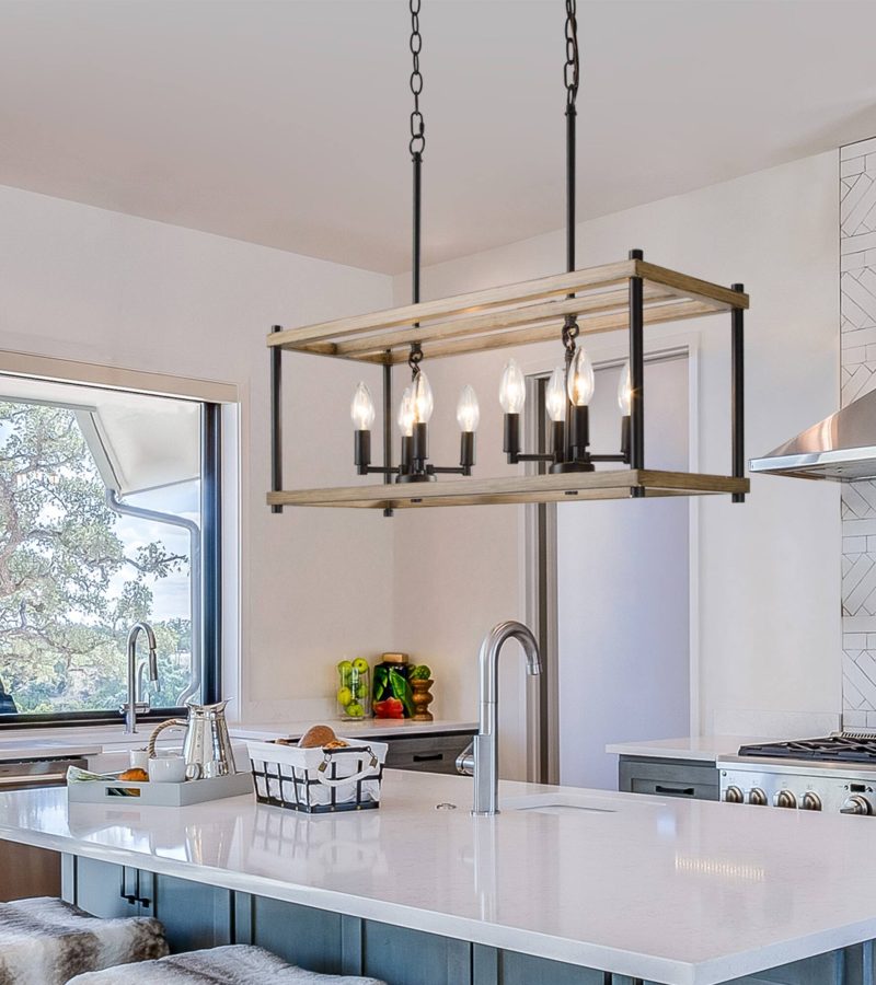 Modern-Farmhouse-8-Light-Rectangle-Chandelier-Faux-Wood-Island-Lights